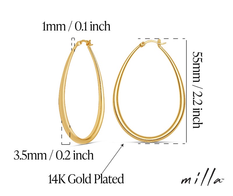 MILLA Oval Hoop Earrings - 14K Gold Plated, Rose Gold Plated and Sterling Silver Plated Hoop Earrings for Women - Hypoallergenic & Lightweight (14K Gold Plated / 55 mm / 2.2 inches) - Image 3